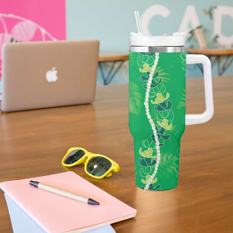 Hawaii Maile Lei With Green Monstera Custom Stanley Quencher 40oz Stainless Steel Tumbler With Handle - Threewoofs - Image 5