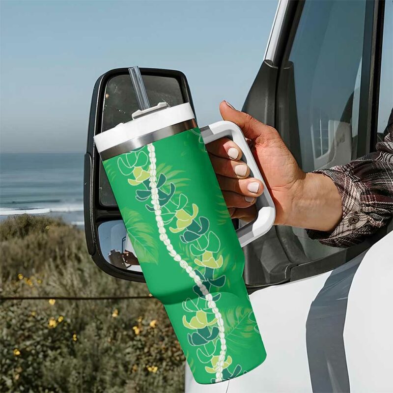 Hawaii Maile Lei With Green Monstera Custom Stanley Quencher 40oz Stainless Steel Tumbler With Handle - Threewoofs - Image 7