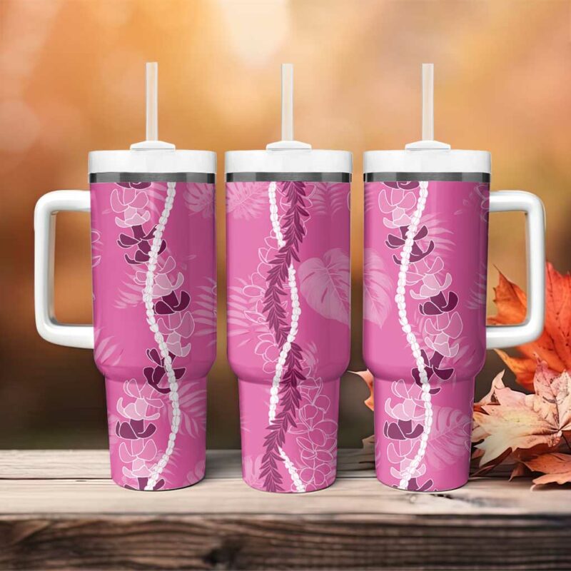 Hawaii Maile Lei With Pink Monstera Custom Stanley Quencher 40oz Stainless Steel Tumbler With Handle - Threewoofs - Image 4