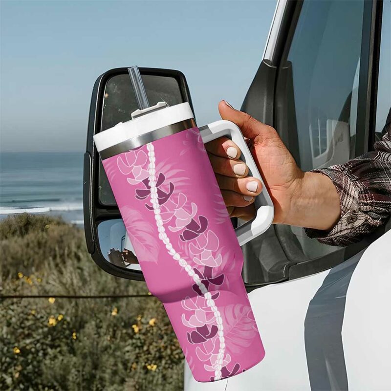 Hawaii Maile Lei With Pink Monstera Custom Stanley Quencher 40oz Stainless Steel Tumbler With Handle - Threewoofs - Image 7