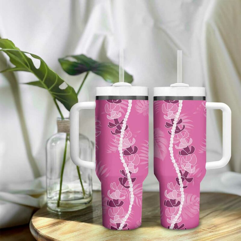 Hawaii Maile Lei With Pink Monstera Custom Stanley Quencher 40oz Stainless Steel Tumbler With Handle - Threewoofs - Image 9