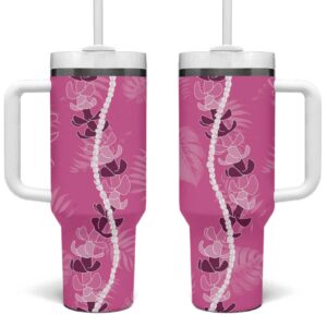 Hawaii Maile Lei With Pink Monstera Custom Stanley Quencher 40oz Stainless Steel Tumbler With Handle - Threewoofs