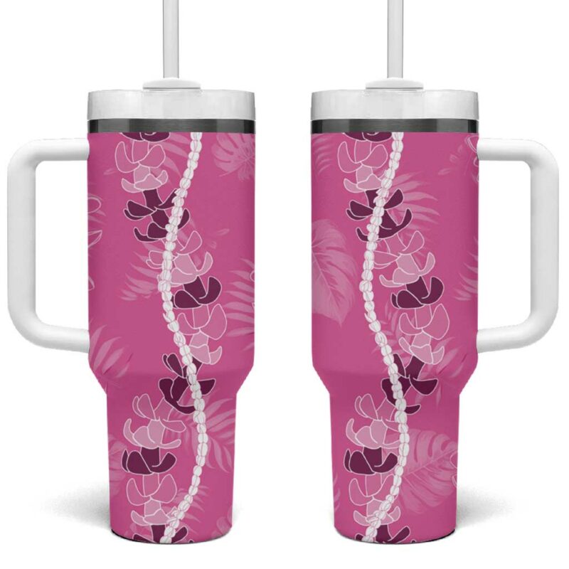 Hawaii Maile Lei With Pink Monstera Custom Stanley Quencher 40oz Stainless Steel Tumbler With Handle - Threewoofs