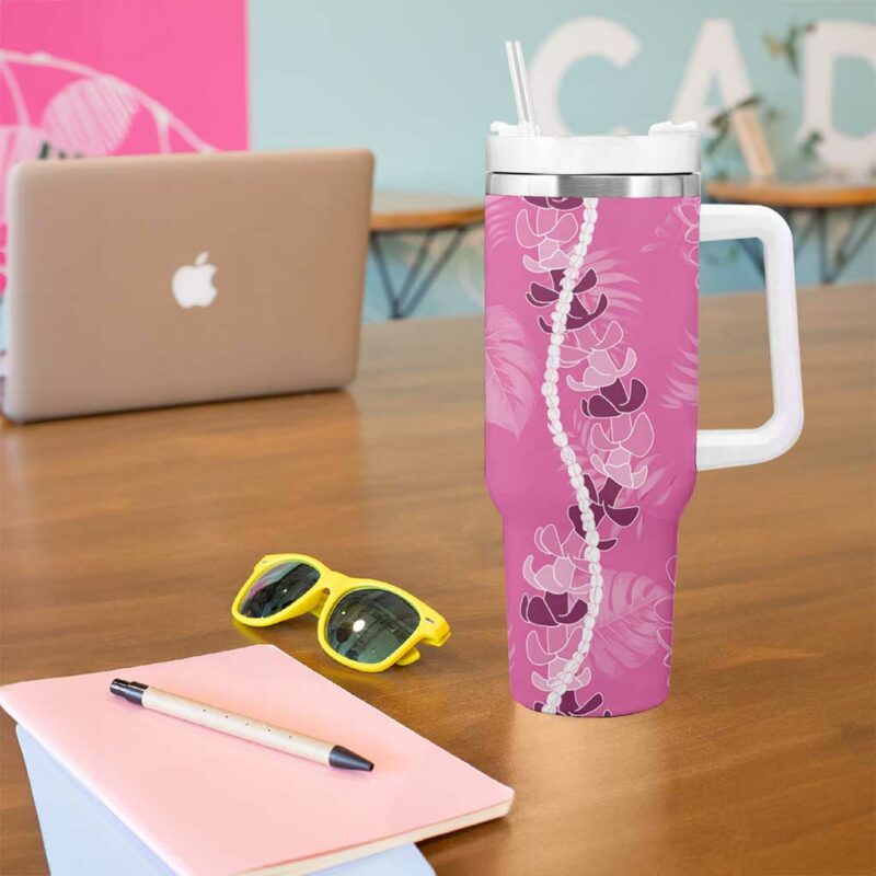 Hawaii Maile Lei With Pink Monstera Custom Stanley Quencher 40oz Stainless Steel Tumbler With Handle - Threewoofs - Image 5