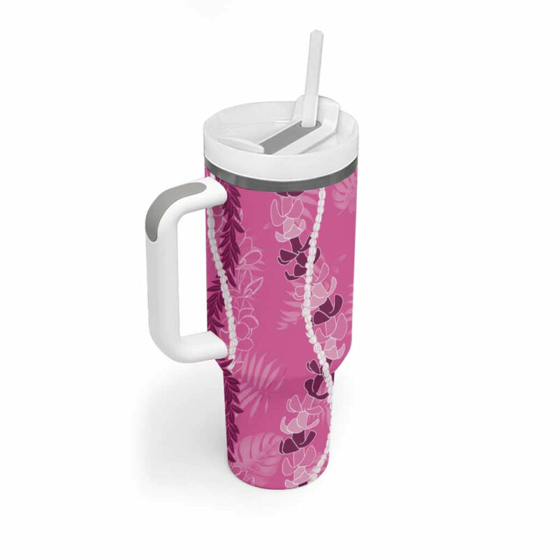 Hawaii Maile Lei With Pink Monstera Custom Stanley Quencher 40oz Stainless Steel Tumbler With Handle - Threewoofs - Image 2