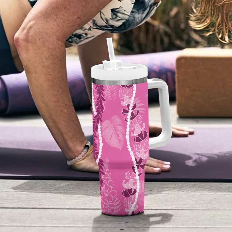 Hawaii Maile Lei With Pink Monstera Custom Stanley Quencher 40oz Stainless Steel Tumbler With Handle - Threewoofs - Image 6