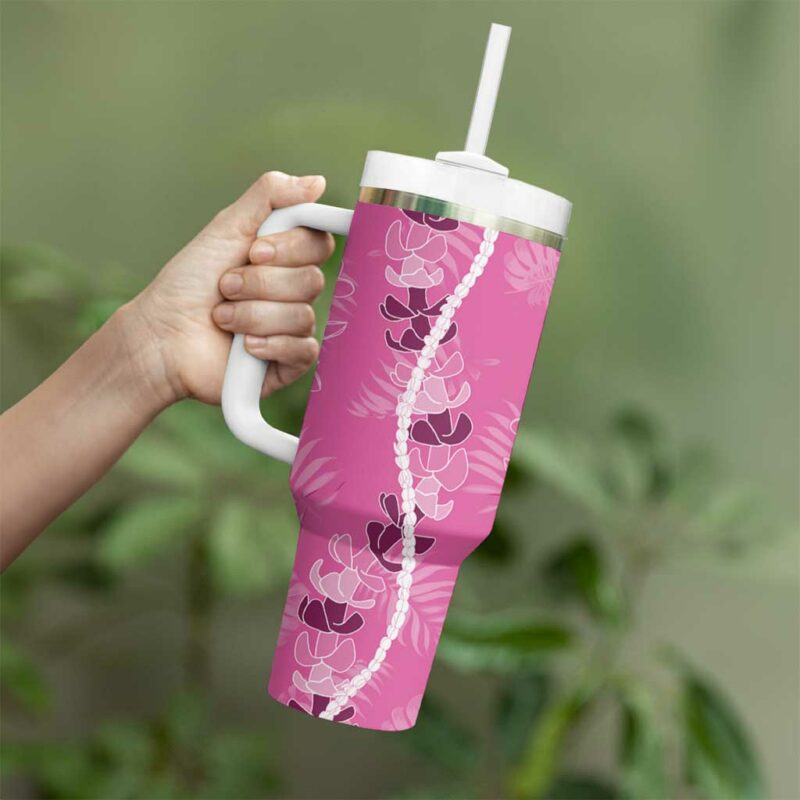 Hawaii Maile Lei With Pink Monstera Custom Stanley Quencher 40oz Stainless Steel Tumbler With Handle - Threewoofs - Image 3