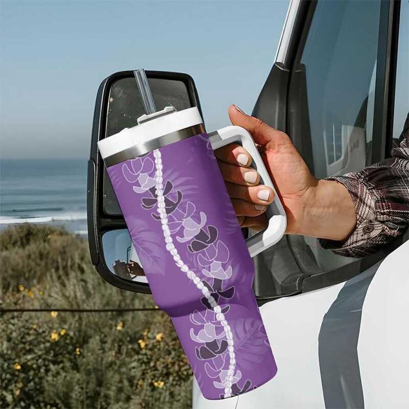 Hawaii Maile Lei With Violet Monstera Custom Stanley Quencher 40oz Stainless Steel Tumbler With Handle - Threewoofs - Image 7