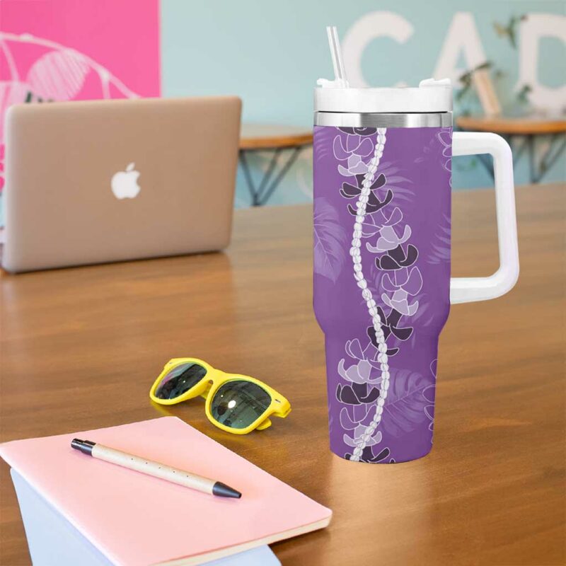 Hawaii Maile Lei With Violet Monstera Custom Stanley Quencher 40oz Stainless Steel Tumbler With Handle - Threewoofs - Image 5