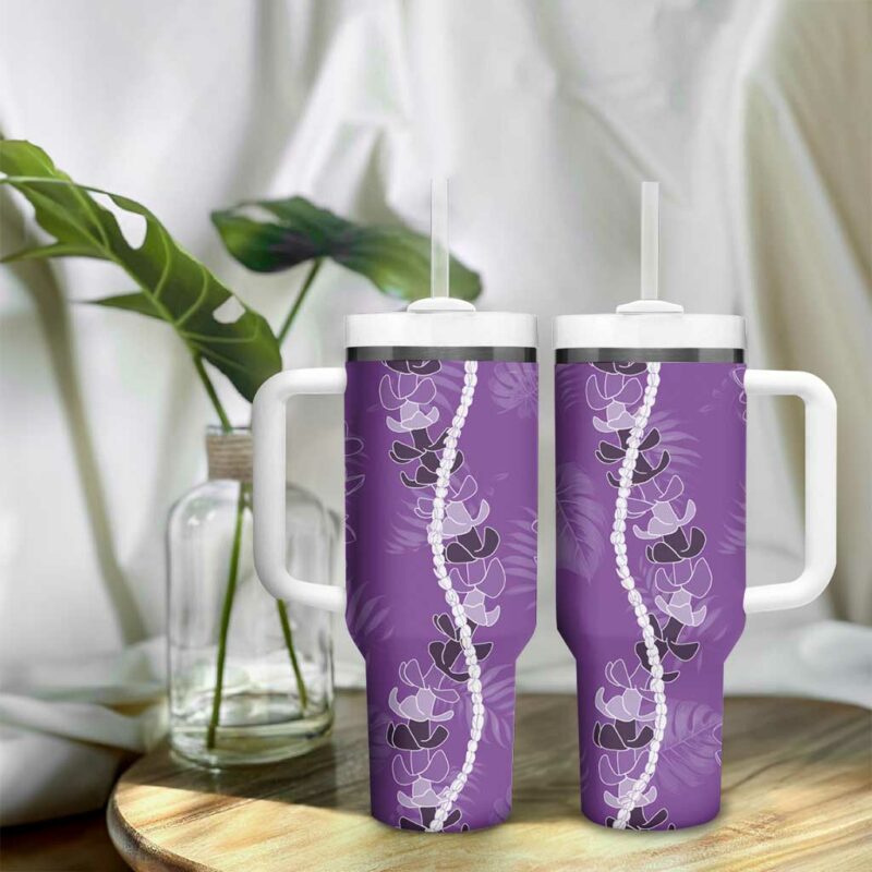 Hawaii Maile Lei With Violet Monstera Custom Stanley Quencher 40oz Stainless Steel Tumbler With Handle - Threewoofs - Image 9
