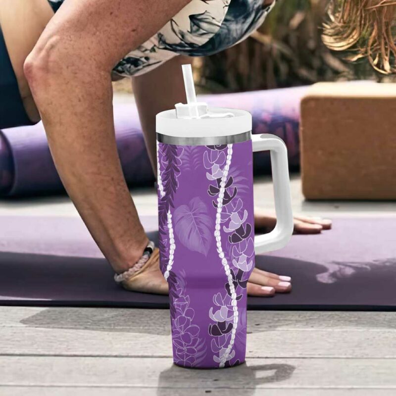 Hawaii Maile Lei With Violet Monstera Custom Stanley Quencher 40oz Stainless Steel Tumbler With Handle - Threewoofs - Image 6