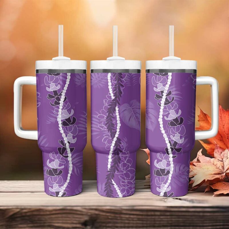 Hawaii Maile Lei With Violet Monstera Custom Stanley Quencher 40oz Stainless Steel Tumbler With Handle - Threewoofs - Image 4