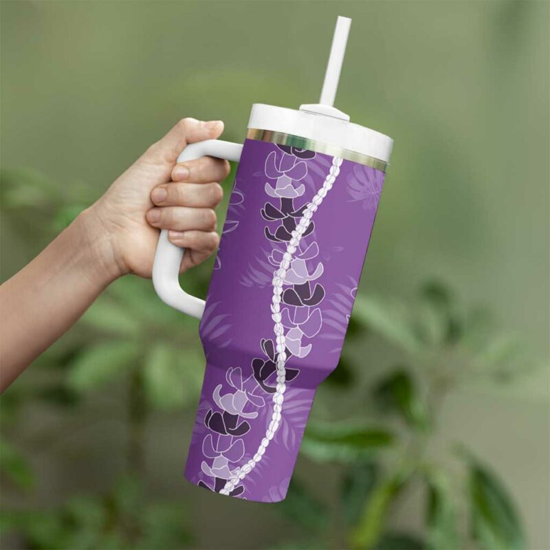 Hawaii Maile Lei With Violet Monstera Custom Stanley Quencher 40oz Stainless Steel Tumbler With Handle - Threewoofs - Image 3