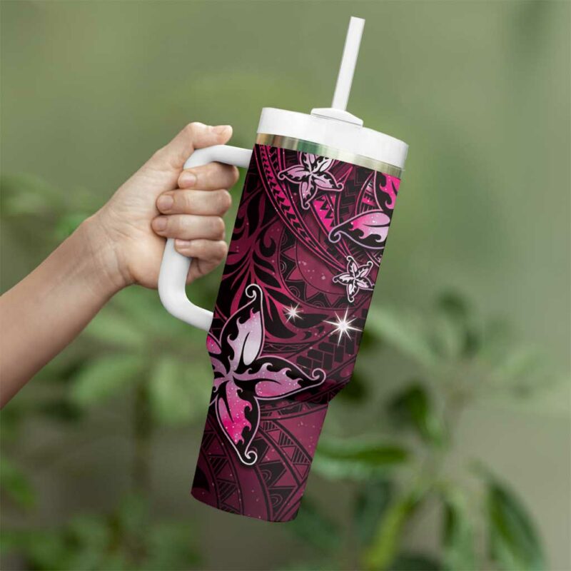 Hawaii Makahiki Season Floral Tribal Tattoo Pink Galaxy Custom Stanley Quencher 40oz Stainless Steel Tumbler With Handle - Threewoofs - Image 3