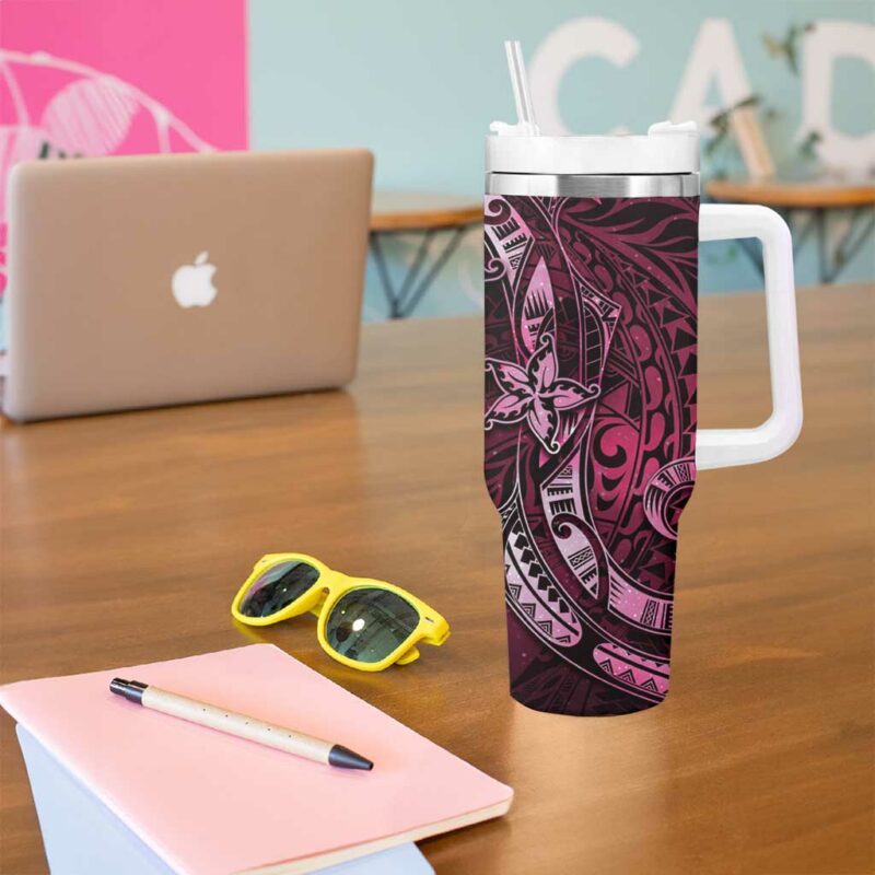 Hawaii Makahiki Season Floral Tribal Tattoo Pink Galaxy Custom Stanley Quencher 40oz Stainless Steel Tumbler With Handle - Threewoofs - Image 5