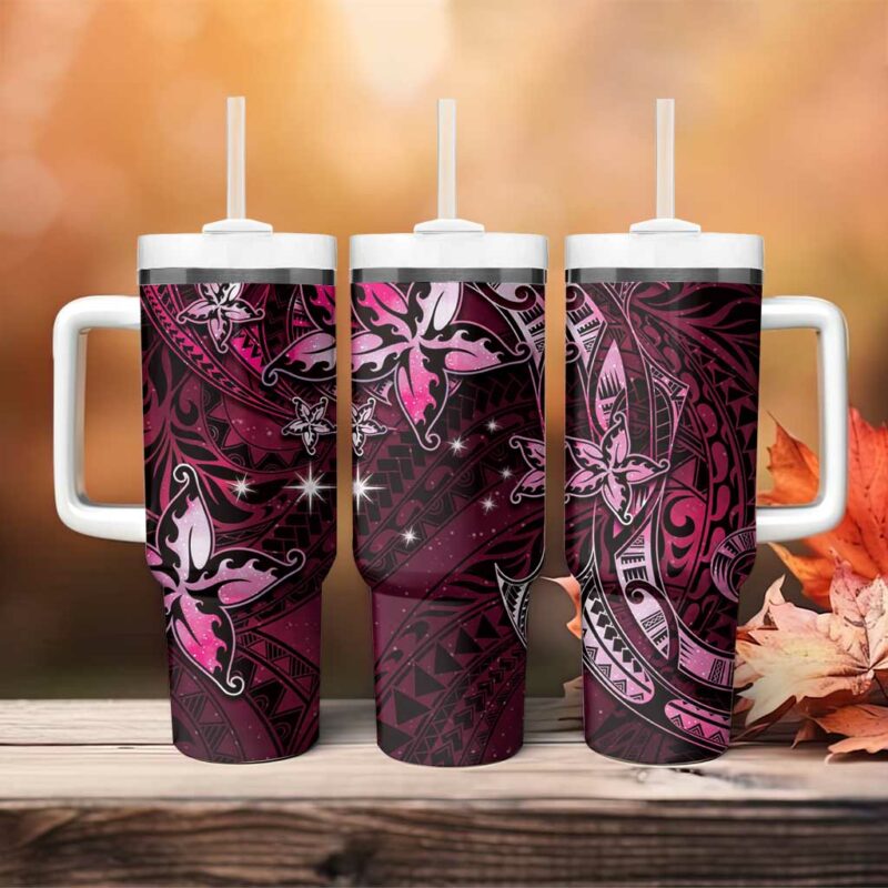 Hawaii Makahiki Season Floral Tribal Tattoo Pink Galaxy Custom Stanley Quencher 40oz Stainless Steel Tumbler With Handle - Threewoofs - Image 4