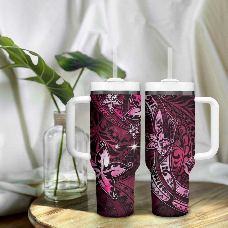 Hawaii Makahiki Season Floral Tribal Tattoo Pink Galaxy Custom Stanley Quencher 40oz Stainless Steel Tumbler With Handle - Threewoofs - Image 9