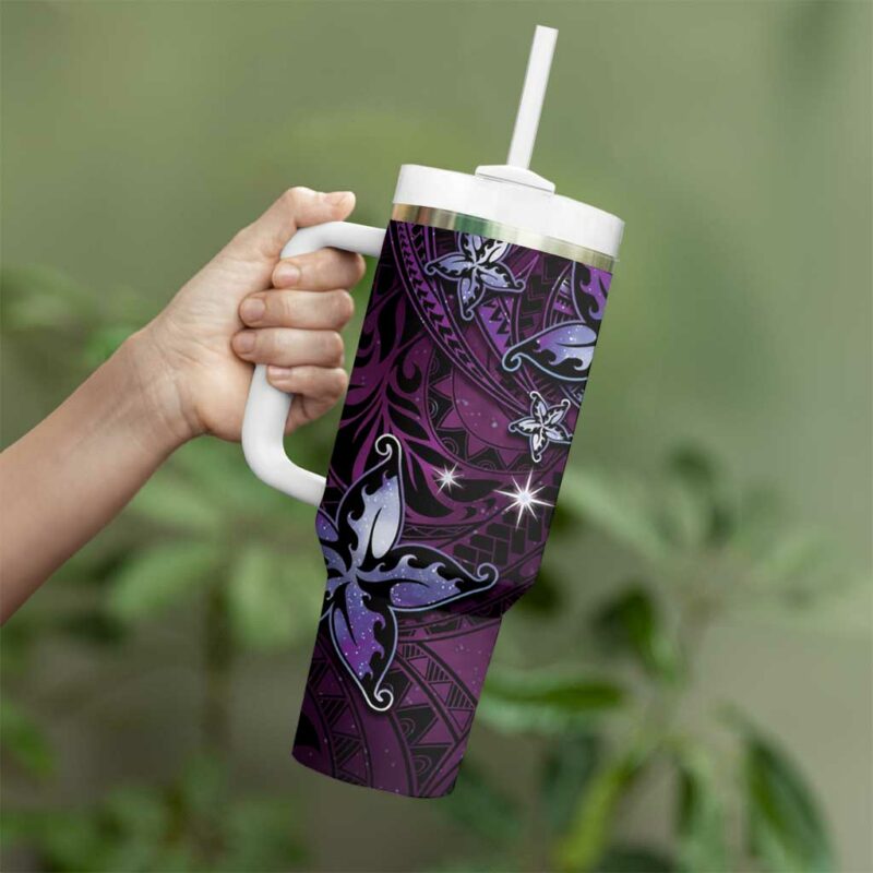 Hawaii Makahiki Season Floral Tribal Tattoo Purple Galaxy Custom Stanley Quencher 40oz Stainless Steel Tumbler With Handle - Threewoofs - Image 3
