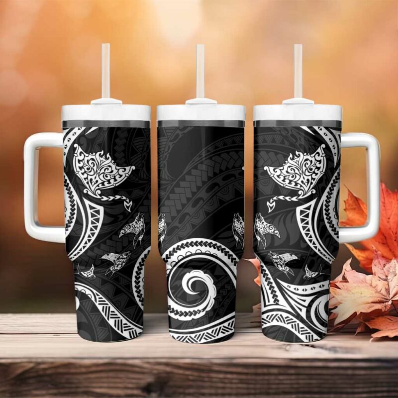 Hawaii Manta Ray Polynesian Art Tattoo Custom Stanley Quencher 40oz Stainless Steel Tumbler With Handle - Threewoofs - Image 4