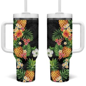 Hawaii Pineapple Tropical Colorful Hibiscus Plumeria Custom Stanley Quencher 40oz Stainless Steel Tumbler With Handle - Threewoofs