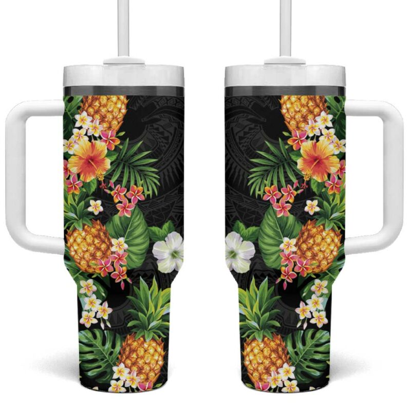 Hawaii Pineapple Tropical Colorful Hibiscus Plumeria Custom Stanley Quencher 40oz Stainless Steel Tumbler With Handle - Threewoofs