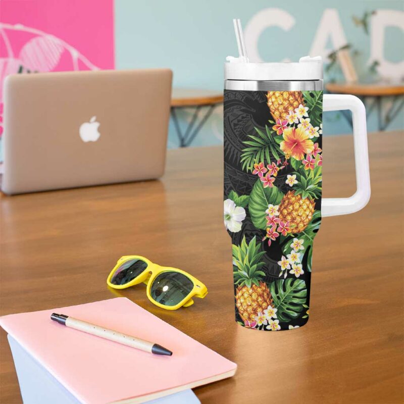 Hawaii Pineapple Tropical Colorful Hibiscus Plumeria Custom Stanley Quencher 40oz Stainless Steel Tumbler With Handle - Threewoofs - Image 5