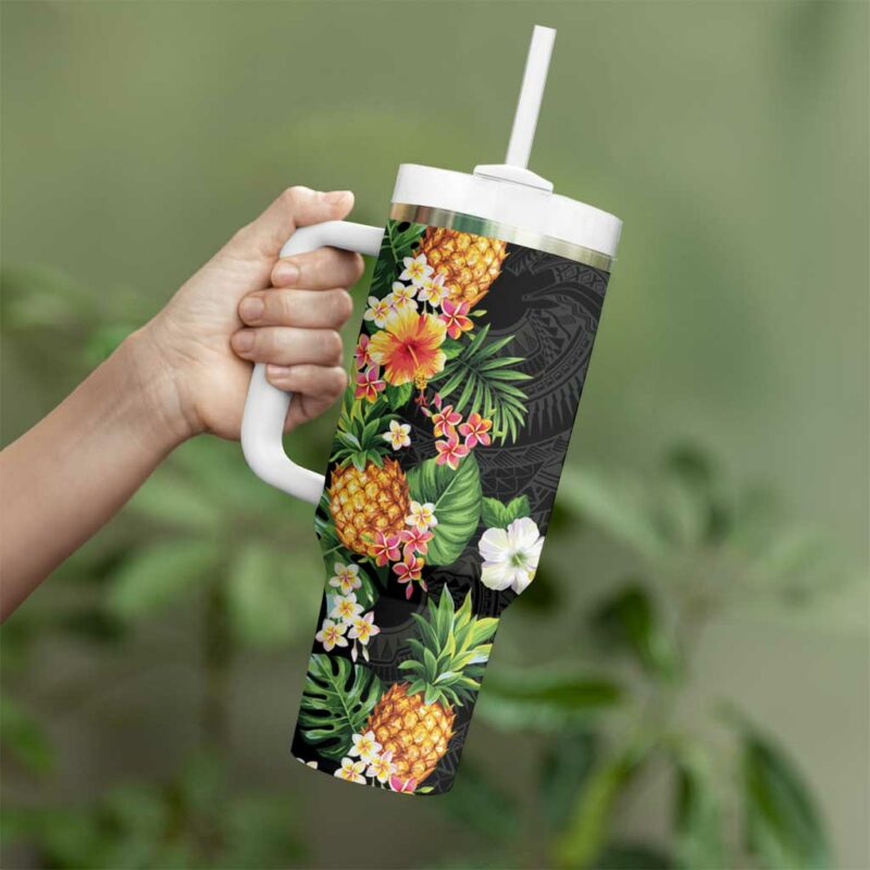 Hawaii Pineapple Tropical Colorful Hibiscus Plumeria Custom Stanley Quencher 40oz Stainless Steel Tumbler With Handle - Threewoofs - Image 3