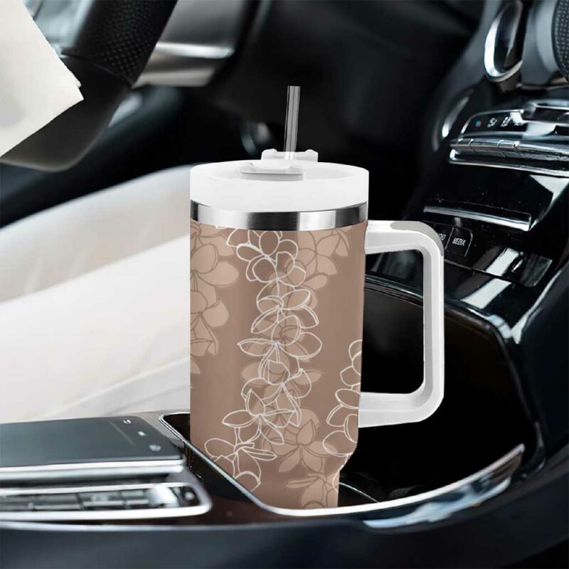 Hawaii Plumeria Lei Aloha Festive Beige Custom Stanley Quencher 40oz Stainless Steel Tumbler With Handle - Threewoofs - Image 8