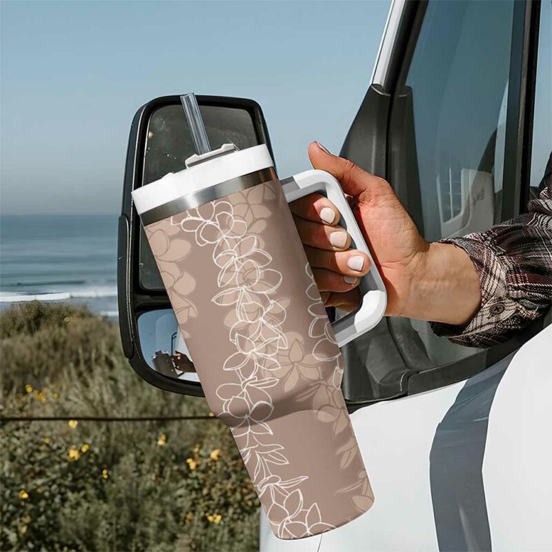 Hawaii Plumeria Lei Aloha Festive Beige Custom Stanley Quencher 40oz Stainless Steel Tumbler With Handle - Threewoofs - Image 7
