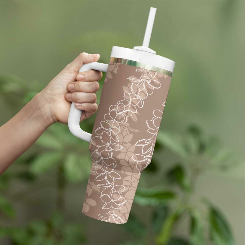 Hawaii Plumeria Lei Aloha Festive Beige Custom Stanley Quencher 40oz Stainless Steel Tumbler With Handle - Threewoofs - Image 3