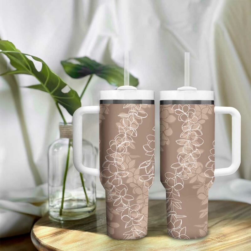 Hawaii Plumeria Lei Aloha Festive Beige Custom Stanley Quencher 40oz Stainless Steel Tumbler With Handle - Threewoofs - Image 9