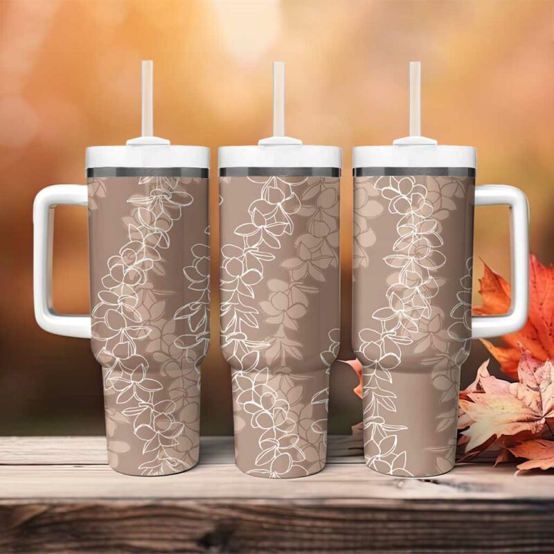 Hawaii Plumeria Lei Aloha Festive Beige Custom Stanley Quencher 40oz Stainless Steel Tumbler With Handle - Threewoofs - Image 4