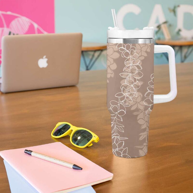 Hawaii Plumeria Lei Aloha Festive Beige Custom Stanley Quencher 40oz Stainless Steel Tumbler With Handle - Threewoofs - Image 5