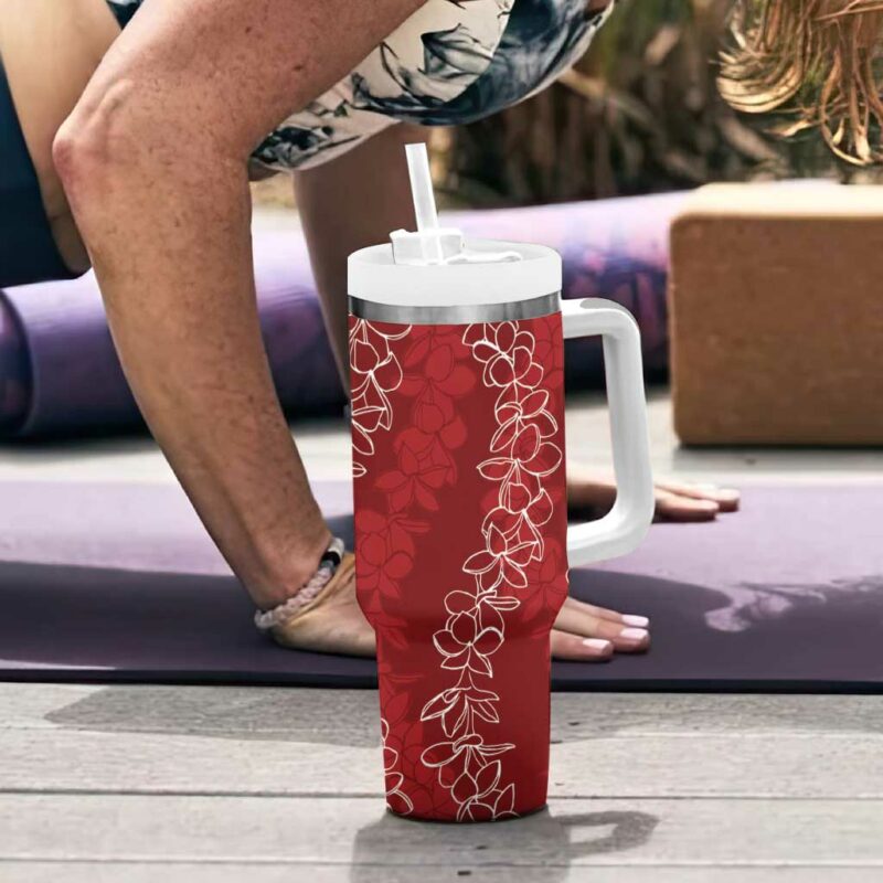 Hawaii Plumeria Lei Aloha Festive Crimson Custom Stanley Quencher 40oz Stainless Steel Tumbler With Handle - Threewoofs - Image 6
