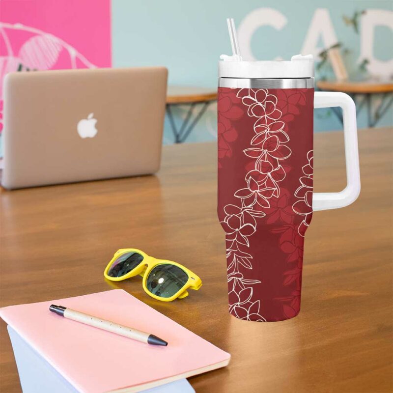 Hawaii Plumeria Lei Aloha Festive Crimson Custom Stanley Quencher 40oz Stainless Steel Tumbler With Handle - Threewoofs - Image 5