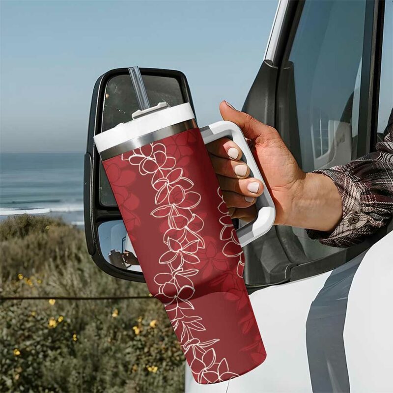 Hawaii Plumeria Lei Aloha Festive Crimson Custom Stanley Quencher 40oz Stainless Steel Tumbler With Handle - Threewoofs - Image 7