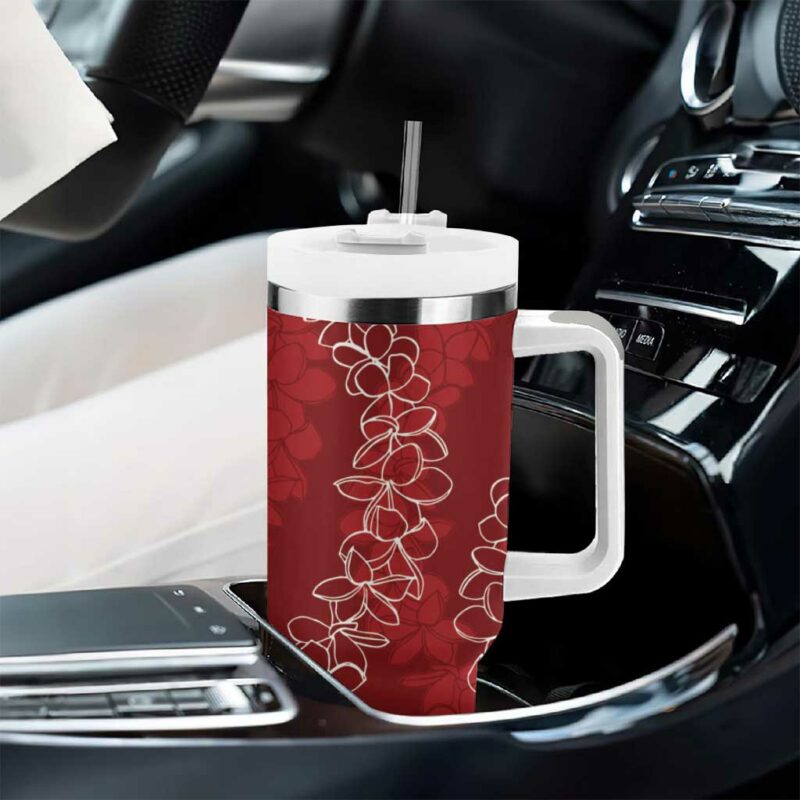 Hawaii Plumeria Lei Aloha Festive Crimson Custom Stanley Quencher 40oz Stainless Steel Tumbler With Handle - Threewoofs - Image 8