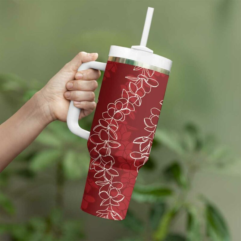 Hawaii Plumeria Lei Aloha Festive Crimson Custom Stanley Quencher 40oz Stainless Steel Tumbler With Handle - Threewoofs - Image 3