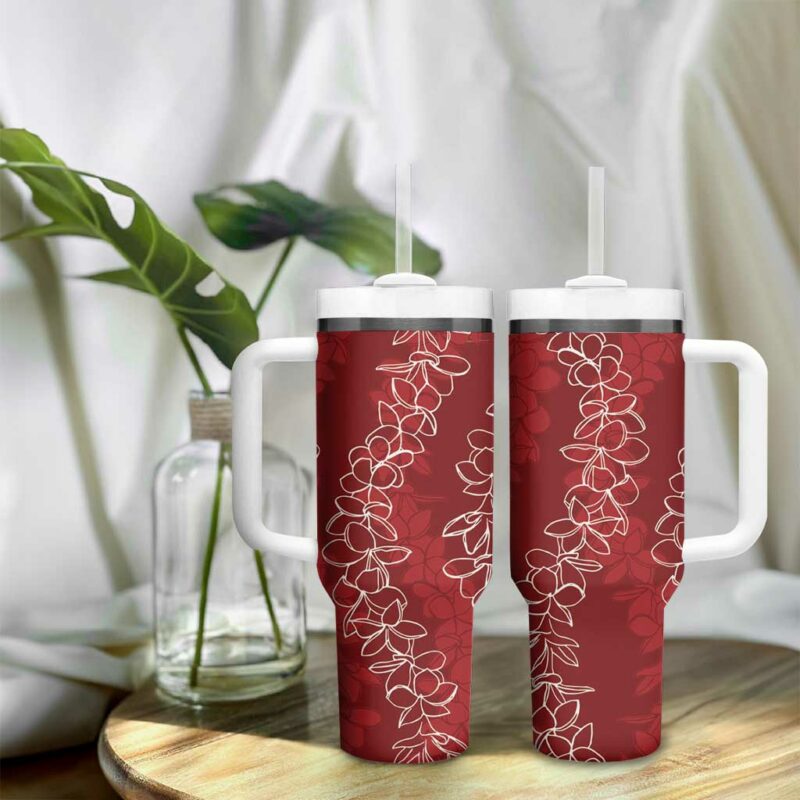 Hawaii Plumeria Lei Aloha Festive Crimson Custom Stanley Quencher 40oz Stainless Steel Tumbler With Handle - Threewoofs - Image 9