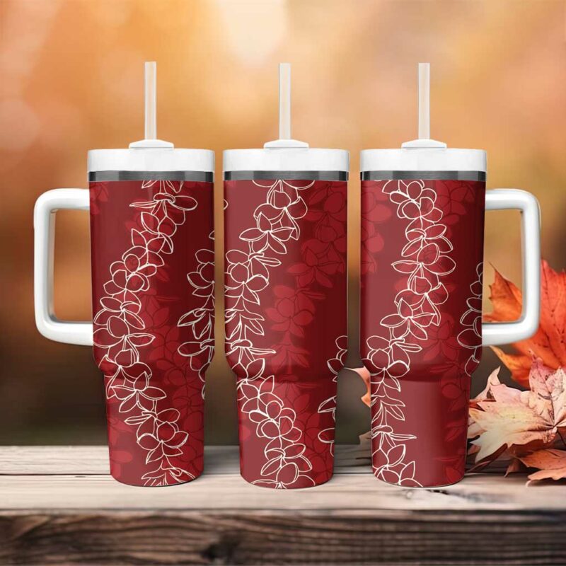 Hawaii Plumeria Lei Aloha Festive Crimson Custom Stanley Quencher 40oz Stainless Steel Tumbler With Handle - Threewoofs - Image 4