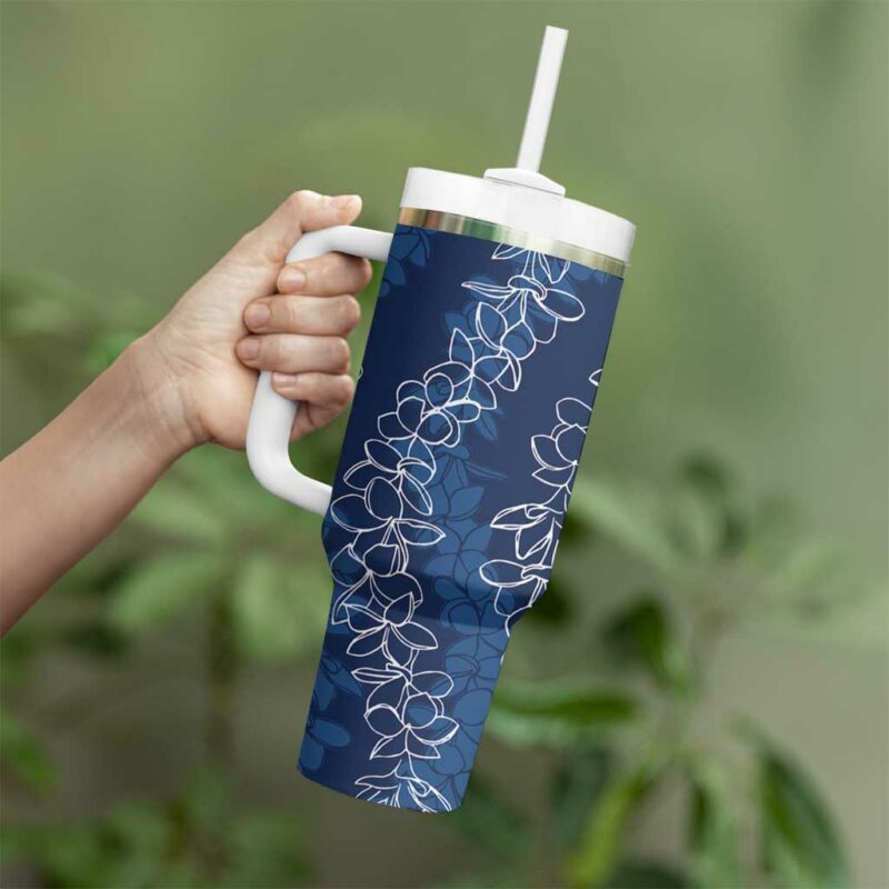 Hawaii Plumeria Lei Aloha Festive Navy Blue Custom Stanley Quencher 40oz Stainless Steel Tumbler With Handle - Threewoofs - Image 3