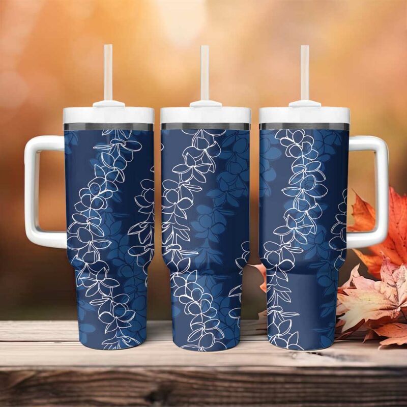 Hawaii Plumeria Lei Aloha Festive Navy Blue Custom Stanley Quencher 40oz Stainless Steel Tumbler With Handle - Threewoofs - Image 4