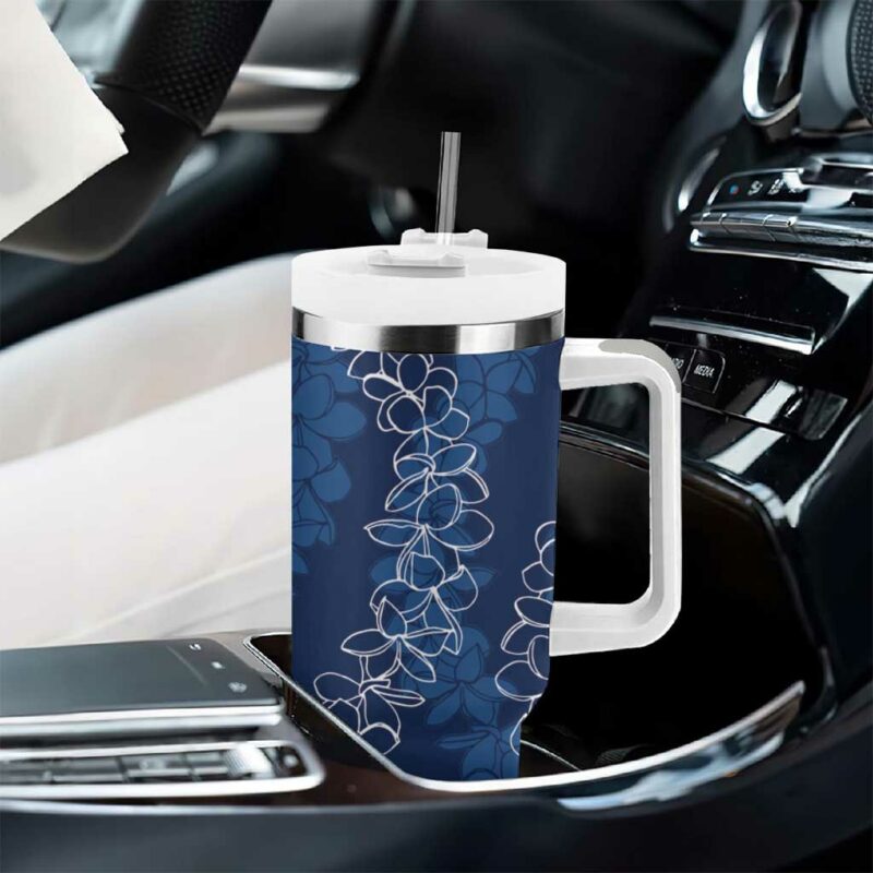 Hawaii Plumeria Lei Aloha Festive Navy Blue Custom Stanley Quencher 40oz Stainless Steel Tumbler With Handle - Threewoofs - Image 8