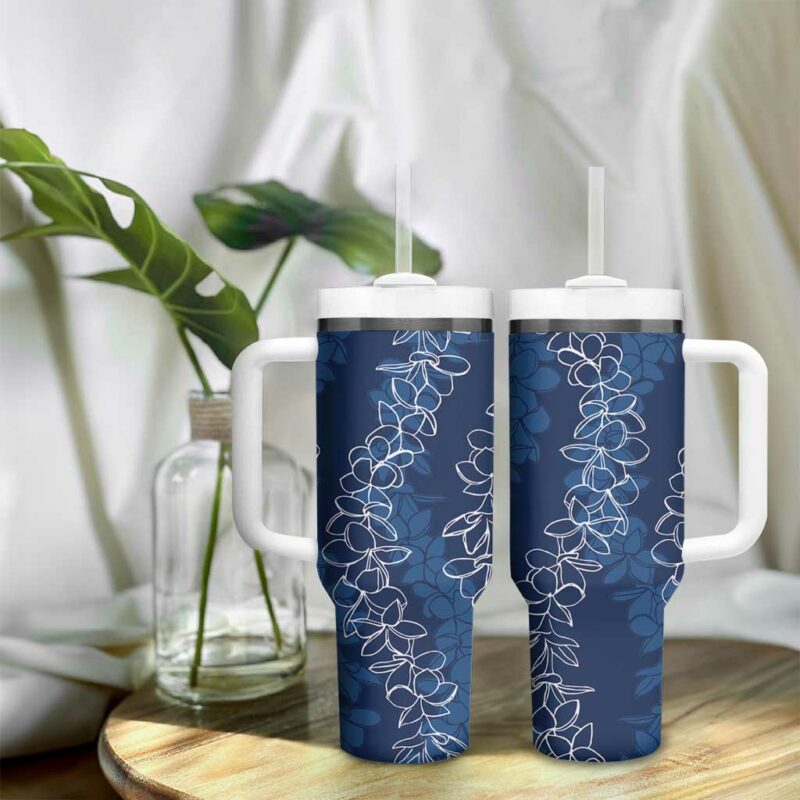 Hawaii Plumeria Lei Aloha Festive Navy Blue Custom Stanley Quencher 40oz Stainless Steel Tumbler With Handle - Threewoofs - Image 9