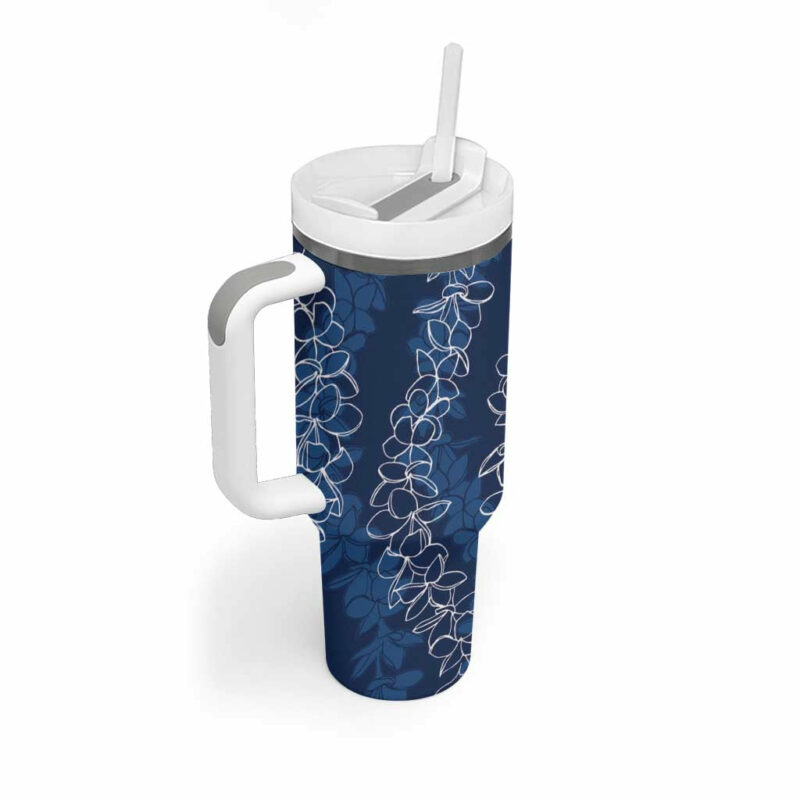 Hawaii Plumeria Lei Aloha Festive Navy Blue Custom Stanley Quencher 40oz Stainless Steel Tumbler With Handle - Threewoofs - Image 2