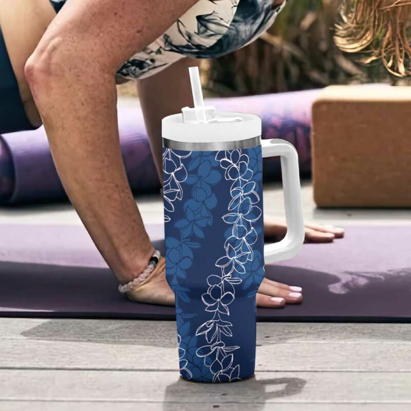 Hawaii Plumeria Lei Aloha Festive Navy Blue Custom Stanley Quencher 40oz Stainless Steel Tumbler With Handle - Threewoofs - Image 6
