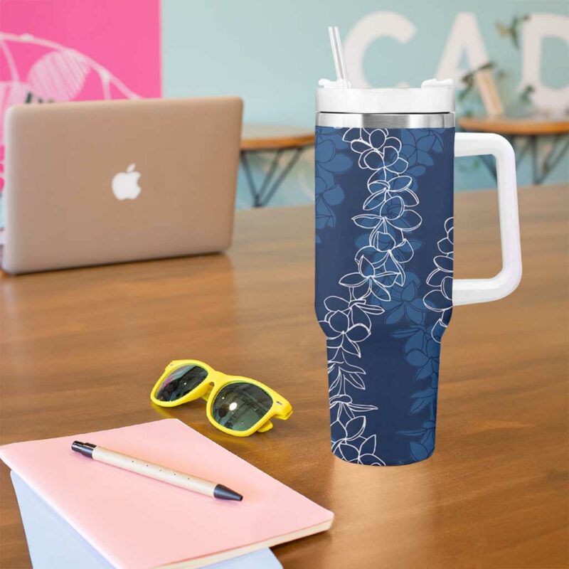 Hawaii Plumeria Lei Aloha Festive Navy Blue Custom Stanley Quencher 40oz Stainless Steel Tumbler With Handle - Threewoofs - Image 5