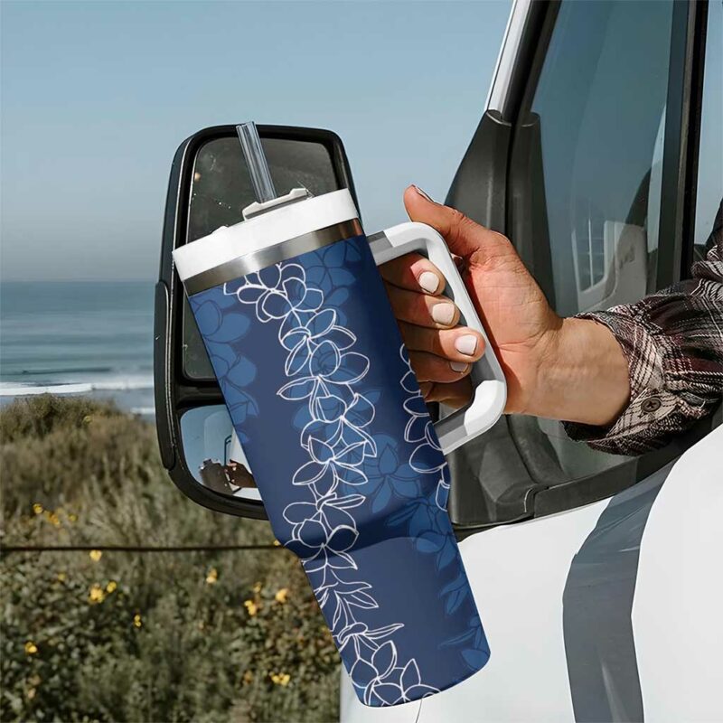 Hawaii Plumeria Lei Aloha Festive Navy Blue Custom Stanley Quencher 40oz Stainless Steel Tumbler With Handle - Threewoofs - Image 7