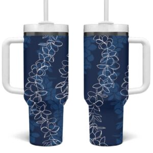 Hawaii Plumeria Lei Aloha Festive Navy Blue Custom Stanley Quencher 40oz Stainless Steel Tumbler With Handle - Threewoofs