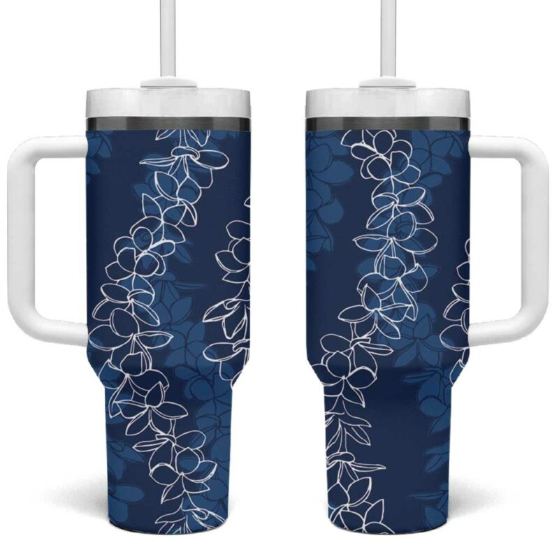 Hawaii Plumeria Lei Aloha Festive Navy Blue Custom Stanley Quencher 40oz Stainless Steel Tumbler With Handle - Threewoofs